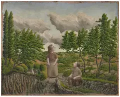 Les deux paysans by André Bauchant, 1930, Huile sur toile contrecollé sur carton, sold Jun 2024