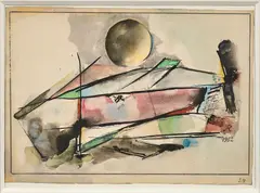 Esquisse de lignes fuyantes avec une pleine lune éclairée de manière sombre by Hans Reichel, 1952, Aquarelle sur papier, sold Jun 2024