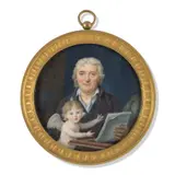 Portrait de Dieudonné Thiébault et son petit fils Adolphe âgé de trois ans, tenant le manuscrit de l'Essai sur le style by dit Sicardi Louis-Marie Sicard, Cadre en bronze ciselé et doré à anneau de suspension, sold Mar 2024