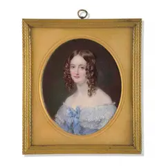 Portrait de jeune femme à la robe de soie bleue et anglaises retombantes by William Charles Ross, Cadre rectangulaire en bronze doré, sold Mar 2024