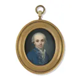 Portrait de jeune homme en habit de soie bleue modée by dit Sicardi Louis-Marie Sicard, Cadre ovale à anneau de suspension en bronze ciselé et doré, sold Mar 2024