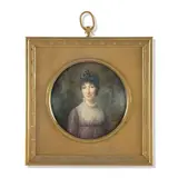 Portrait de femme en turban bleu fleuri, dans un paysage by Louis-Lié Perin-Salbreux, Dans un cadre carré en bronze doré à frise d'étoiles et anneau de suspension, sold Mar 2024