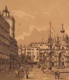 La place Saint Marc avec la Basilique et la tour de l'Horloge, Venise by Jules-Romain Joyant, Plume et encre brune, lavis brun, sold Sep 2024