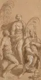 Saint Sébastien, sainte Lucie et saint Roch by dit Palma Jacopo Negretti, Plume et encre brune, lavis brun et rehauts de blanc avec mise au carreau, sold Sep 2024