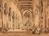 Vue de l'intérieur de la Cathédrale de Monreale près de Palerme en Sicile by Achille Vianelli, Plume et encre brune, lavis brun sur trait de crayon, sold Sep 2024