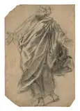 Etude de drapé, complété des membres postérieurement by Giacomo Cavedone, Crayon noir et craie blanche sur papier anciennement bleu, sold Sep 2024