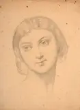 Etude de visage de jeune fille pour le décor de l'église Saint-Germain l'Auxerrois à Paris by Eugène-Emmanuel-Amaury Pineu-Duval dit Amaury-Duval, Crayon noir, estompe et rehaut de craie blanche, sold Sep 2024