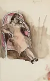Agathe Rouart assise sur un fauteuil by Paule Gobillard, Aquarelle sur traits de plume et encre noire, sold Sep 2024