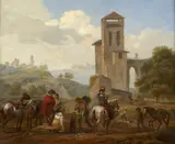 Halte de voyageurs au pied d'une architecture by Claude Michel Hamon Duplessis, Huile sur toile, sold Sep 2024