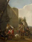 Joueurs de dames et de vielle devant une porte antique by Hendrik Verschuring, Huile sur toile, sold Sep 2024