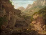 Pèlerins près de la grotte de l'Avvocatella en direction de Badia di Cava dei Tirreni avec le Monte Finestra en arrière-plan by Heinrich Reinhold, Huile sur toile (Toile d'origine), sold Sep 2024