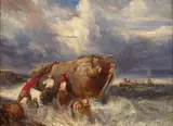 Pêcheurs mettant leur barque à la mer by Eugène Isabey, Huile sur toile, sold Sep 2024