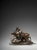 Daim attaqué par trois lévriers d'Algérie by Antoine-Louis Barye, Bronze à patine brun-rouge nuancé de vert, sold Sep 2024