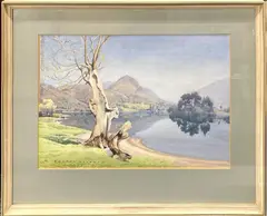 Untitled by W. Heaton Cooper, watercolour lake scene. Frame size 59 x 75 cms, sold Nov 2023