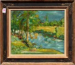 Trees and Stream by André Vignoles, 1959, oil on canvas, sold Mar 2026