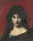 Jeune fille à la fleur bleue sur fond rouge by Jean-Jacques Henner, Huile sur papier marouflé sur carton, sold Sep 2024