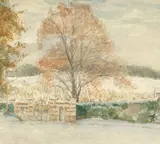 Entrée de propriété sous la neige by Henri Rouart, Aquarelle sur trait de plume et encre brune, sold Sep 2024