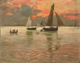 Ciel rouge" ; le retour de la pêche by Amédée-Julien Marcel-Clément, Plume et encre noire et huile sur carton, sold Sep 2024