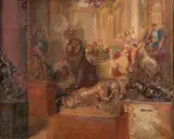 Salle de musée avec les sculptures de Barye devant une tapisserie d'après Jean Jouvenet représentant le Christ dans la maison de Simon by Alfred Nicolas Martin, Huile sur toile, sold Sep 2024
