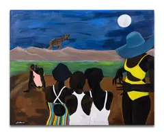 City girls on Rousseau’s beach by John Madu, 2020, Acrylique sur toile, sold Jun 2024