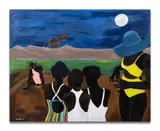 City girls on Rousseau’s beach by John Madu, 2020, Acrylique sur toile, sold Jun 2024