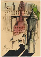 Città con la conica by Aldo Rossi, 1984, Technique mixte sur papier, sold Oct 2024