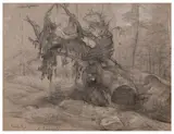 Etude pour 'Sans Dieu', de la seconde série du Pème de l'âme by Louis Janmot, Crayon noir, estompe et rehauts de craie blanche sur papier gris, sold Mar 2024