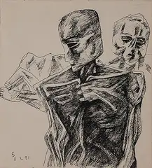 Untitled by Somnath Hore, Pen and ink on paper pasted on mount board, sold Dec 2013