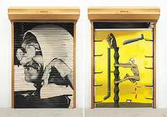 Gargoyle by Atul Dodiya, Enamel paint on metal roller shutters and acrylic and marble dust on canvas, sold Sep 2013