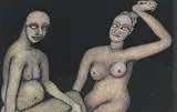 Woman and the Masked Man by Jogen Chowdhury, Pen and ink with pastel on paper, sold Sep 2013