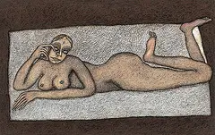 Reclining Nude by Jogen Chowdhury, Pen and ink with pastel on paper, sold Sep 2013