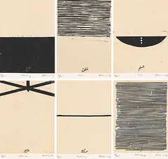 Untitled (from the portfolio Home is a Foreign Place) by Zarina, Woodcuts with Urdu text printed in black on Kozo paper, mounted on Somerset paper, sold Jun 2013