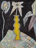Flower Vase by Jogen Chowdhury, Oil pastels, pen and ink on paper, offered Jun 2013