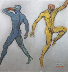 Planetary Dancers by Jean Kellogg, 1955, mixed media on panel, sold Apr 2026