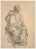 Etude de figure assise tournée vers la droite pour le plafond de l'hôtel de ville de Lyon by Louis Janmot, Crayon noir sur papier, sold Mar 2024
