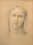Etude pour 'L'Immaculée conception', fresque de la chapelle des franciscains de Terre Sainte by Louis Janmot, Crayon noir et rehauts de craie blanche sur papier, sold Mar 2024