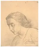 Portrait de femme de trois quarts regardant vers le bas by Louis Janmot, Crayon noir et estompe sur papier avec mise au carreau, sold Mar 2024