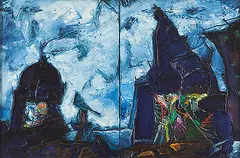 Sky Between 2 Temples by Manu Parekh, Oil and acrylic on canvas, sold Dec 2012