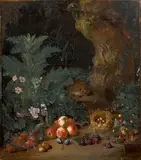 Scène de sous-bois nocturne au hérisson, aux fruits et au nid d'oiseaux by Pieter Snyers, Huile sur toile, sold Nov 2024