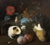 Composition aux trois cochons d'Inde, aux pêches et aux fleurs by Franz Werner Tamm, Huile sur toile, sold Nov 2024
