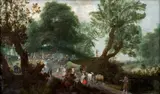 Attaque de soldats sur un convoi de voyageurs by Balthasar Courtois, Huile sur panneau de chêne, deux planches, sold Nov 2024