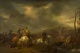 Choc de cavalerie by Abraham van Calraet, Huile sur panneau de chêne, une planche, renforcée par deux agrafes, sold Nov 2024