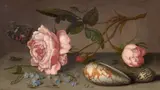 Roses, coquillages et insectes sur une table by Balthasar van der Ast, Huile sur panneau, une planche, sold Nov 2024