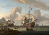 Navires de guerre hollandais au large d'un rivage méditerranéen by Abraham Storck, Huile sur toile, sold Nov 2024