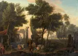 Paysage classique animé de personnages by Isaac de Moucheron, Huile sur toile, sold Nov 2024