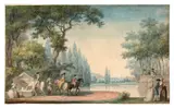 Deux fragments de transparent : Le cocher Condé et son valet Orléans conduisant un cortège de dames devant une scène de théâtre dans un parc by dit Carmontelle Louis Carrogis, Paire d'aquarelles gouachées sur trait de plume et encre noire, sold Nov 2024
