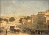 Vue de la Calle de Alcalà avec la fontaine de Cybèle et la porte d'Alcalà, Madrid by Giuseppe Canella, Huile sur zinc, sold Nov 2024