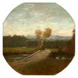 Paysage boisé avec pont et cours d'eau by Jean-Baptiste Carpeaux, Huile sur toile marouflée sur carton, à vue ronde, sold Nov 2024