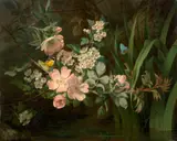 Branchage d'aubépine, de rosier et vol de papillons dans des roseaux by Jean Baptiste Gallet, Huile sur toile, sold Nov 2024