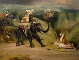 Rencontre fortuite avec un tigre lors d'une chasse à dos d'éléphant en Inde by William Henry Florio Hutchinsson, Huile sur toile, sold Nov 2024
